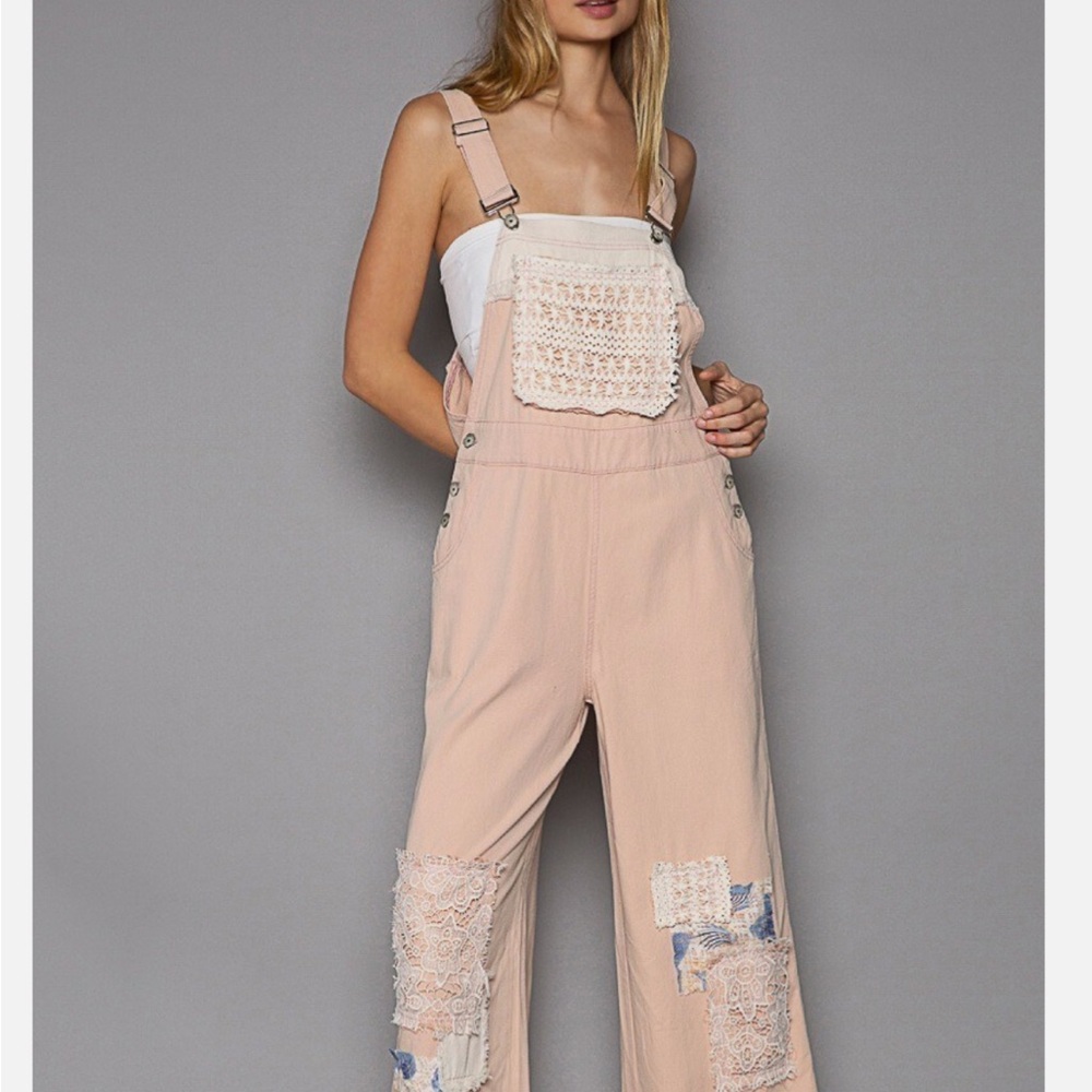 POL Blush Pink Lace-Trim Wide Leg Overalls